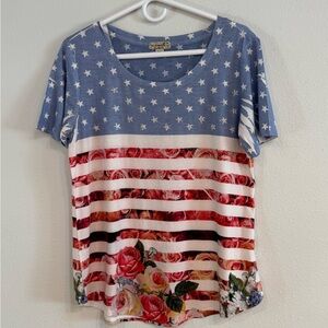 ONE WORLD Patriotic Red, White And Blue and Roses Tee Size M